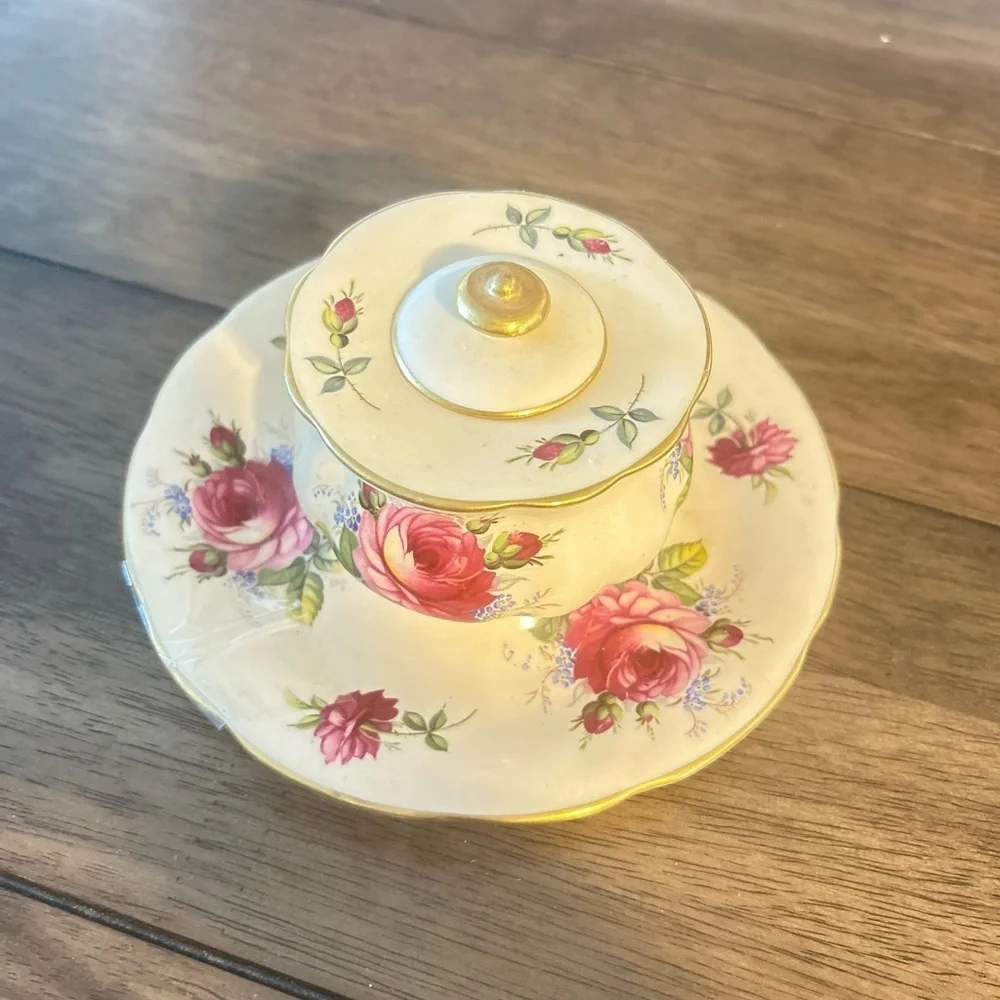 Vintage Orlik Bone China Inkwell with Lid –Red Roses Floral Design ENGLAND